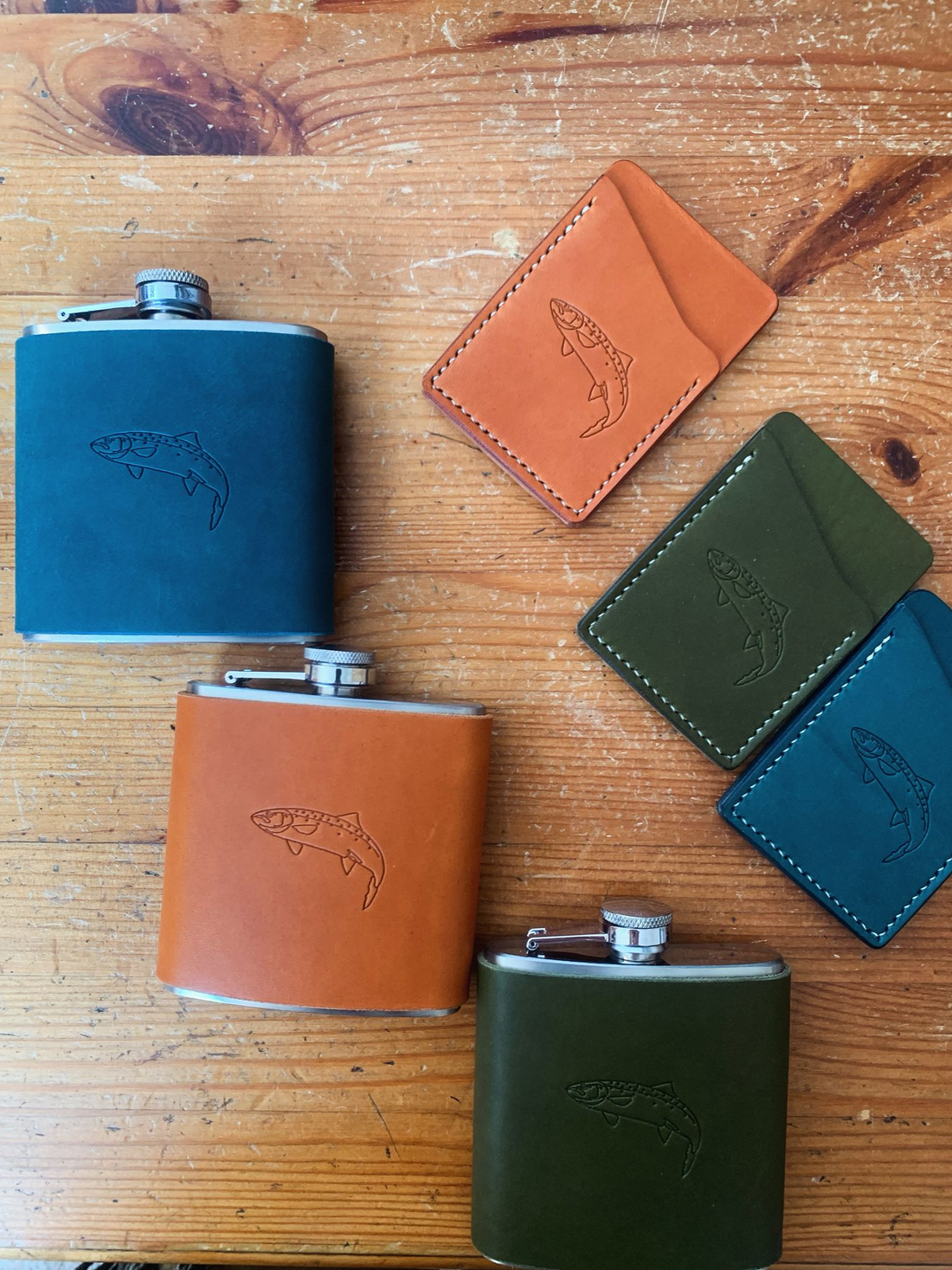 Salmon stamped leather gifts flyfishing